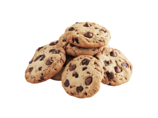 Stack of chocolate chip cookies on white background, sweet baked snack. PNG transparent.