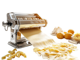 Manual pasta maker machine with fresh pasta sheets, on a white background. PNG transparent. - Powered by Adobe