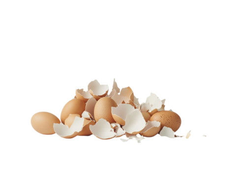 Pile of broken egg shells on a white background, food waste concept. PNG transparent.