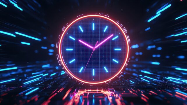 Futuristic clock face featuring sharp glowing lines, merging technology with time in a captivating design.