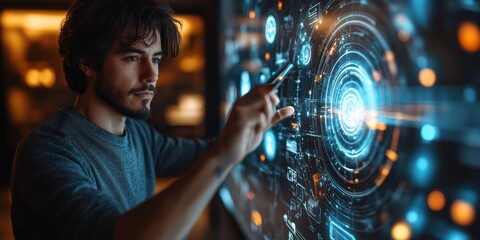 Man Interacting with Futuristic Interface