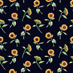 Watercolor seamless pattern with yellow vibrant sunflower branches. Hand drawn repeat pattern for wrapping wallpaper fabric textile