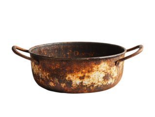 Old rusty metal pot on white background, aged cooking utensil. PNG transparent.