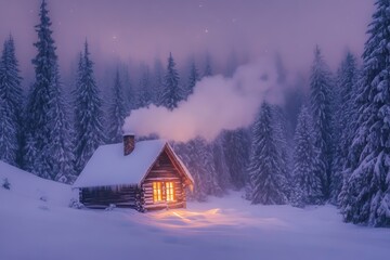 Fototapeta premium A cozy wooden cabin nestled in a snow-covered forest, with smoke rising from the chimney