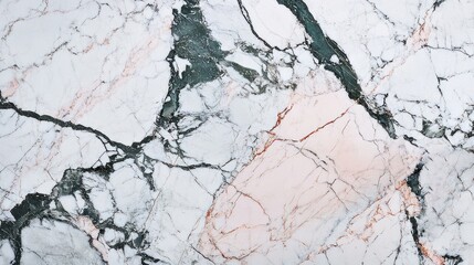 Closeup of a white marble surface with black and pink veins.