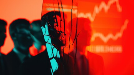 Shattered Investor Mirror: A mirror reflecting a group of investors is cracked and fragmented, with pieces falling away