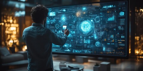 Man Interacting with Futuristic Interface