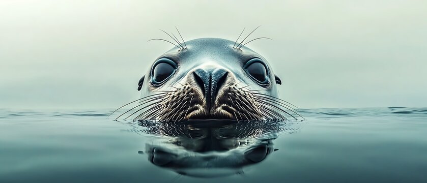 Seal's Face Emerges from Turquoise Water with Prominent Eyes and Whiskers