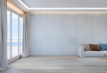 Fototapeta premium Sea view living room with wooden floor and concrete wall background in modern beach house, White interior of vacation home