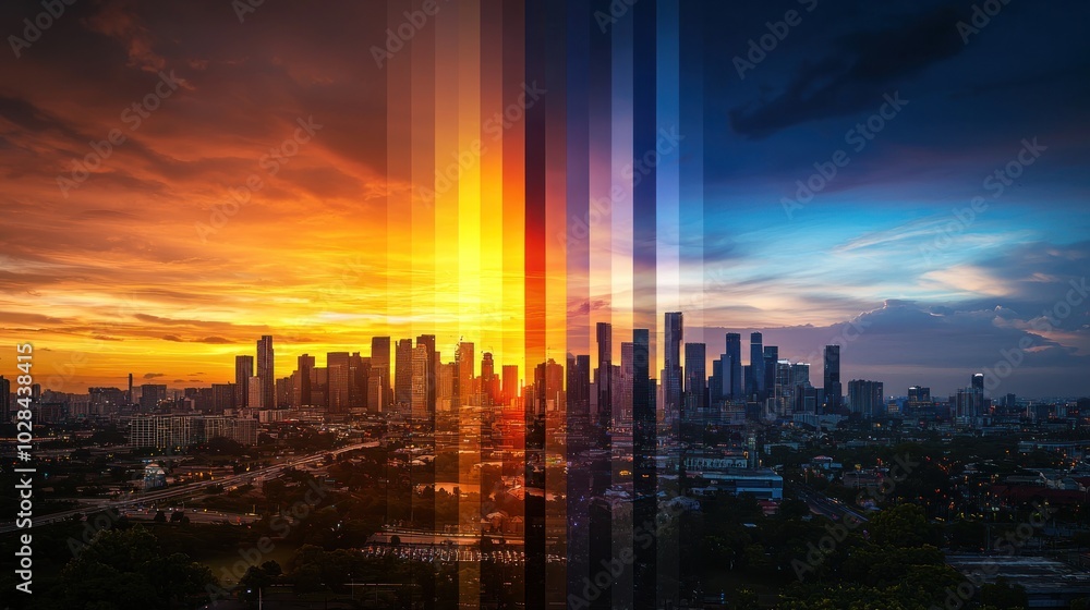 Wall mural a sunrise over a city skyline, capturing the transition from night to day.