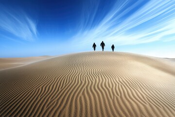 Shifting Sands of Happiness: A desert with figures walking on shifting sands, where material objects appear as mirages on the horizon