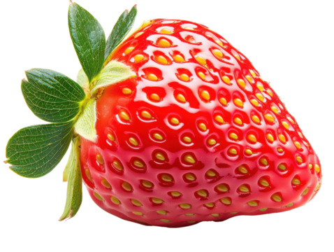 Fresh and ripe strawberry with vibrant red color and green leaves, perfect for healthy recipes and fruit displays, transparent background.