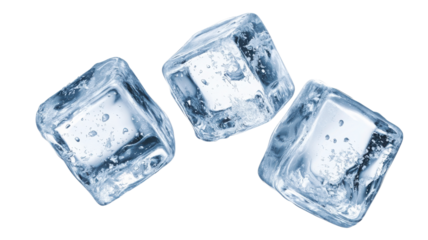 Three crystal-clear ice cubes isolated on a white background, perfect for cooling beverages and culinary presentations, transparent background.