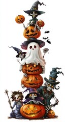 A creative Halloween display featuring a stack of carved pumpkins, skeletons in witch hats, ghosts, and bats, creating a whimsical and spooky scene.