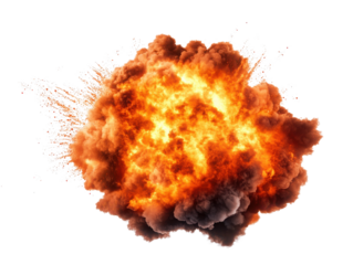 A dramatic explosion showcasing bright flames and thick smoke, perfect for action or disaster-themed projects, transparent background.