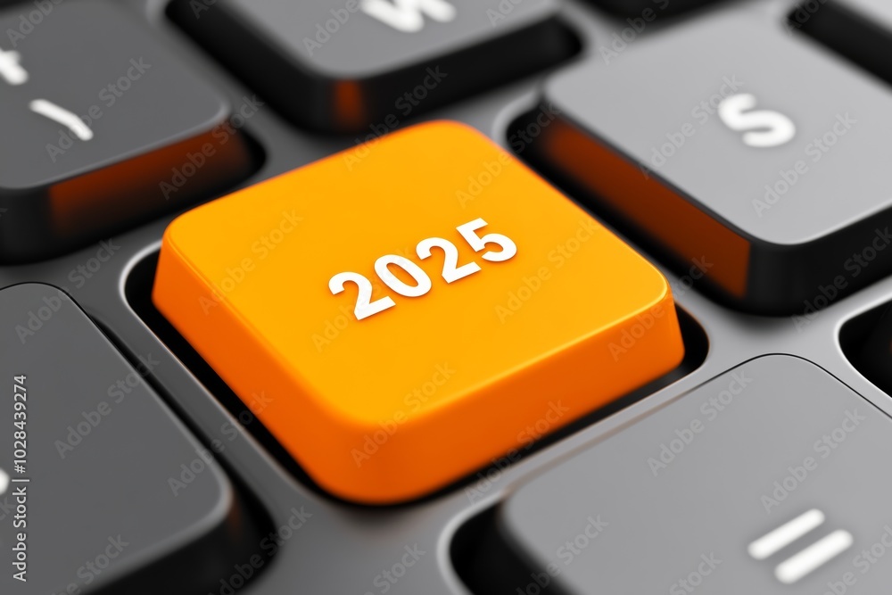 Aufkleber keyboard with a key that says 2025 on it. the key is orange and is in the middle of the keyboard. or