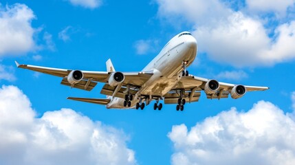 Obraz premium Cargo Airplane flying in blue sky. Fast long range delivery concept