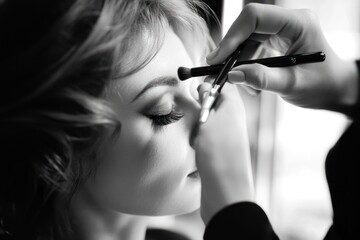 Obraz premium Close-up of a woman's face as a makeup artist applies eyeshadow with a brush.