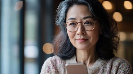 Close up portrait of a mature Asian woman with glasses looking at her phone with a soft smile.
