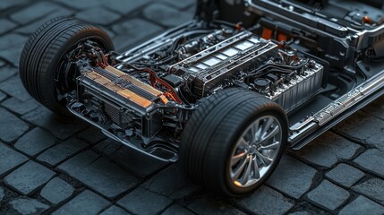 Fototapeta premium Close up view of the underside of an electric car chassis with the battery pack exposed.