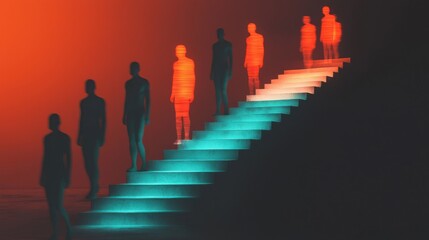 Fototapeta premium Staircase of Positivity: A series of steps that rise unevenly, with individuals at different levels of the staircase