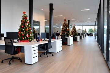 Large office with a Christmas tree in the background. The office is full of black chairs and desks. Modern office space is decorated for the holidays with christmas trees,