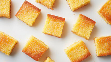 Sliced cornbread squares on white background