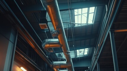 Obraz premium Industrial Ceiling with Metal Pipes and Skylight