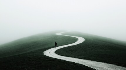 Start Before Knowing It All: A person stepping onto a winding path that disappears into a foggy unknown, but with each step, the fog lifts, symbolizing how action reveals the path