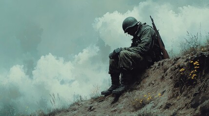 A soldier sits contemplatively on a hillside amidst clouds.