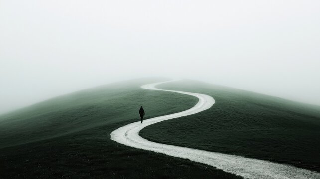 Start Before Knowing It All: A person stepping onto a winding path that disappears into a foggy unknown, but with each step, the fog lifts, symbolizing how action reveals the path