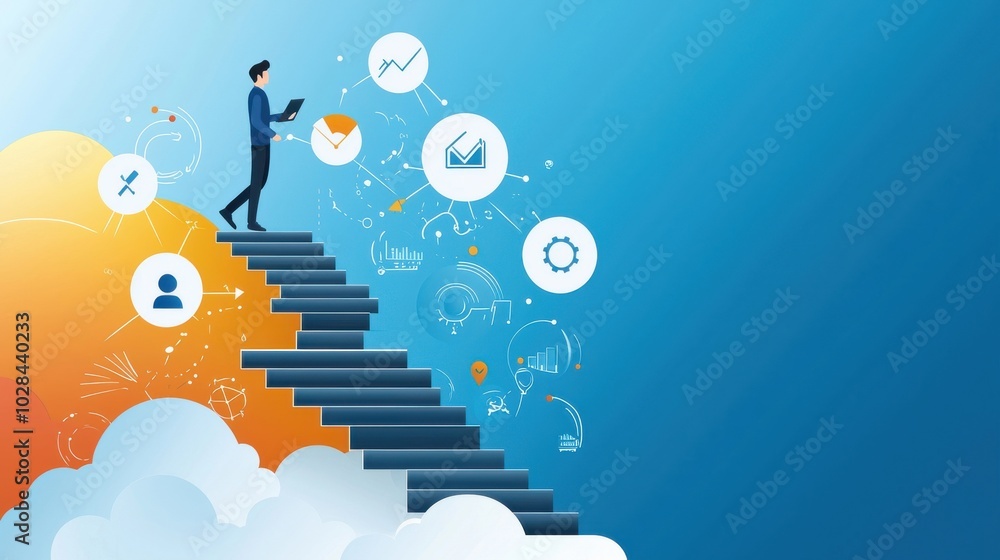 Poster steps to vision: a figure climbing an invisible staircase in the sky, each step materializing as the