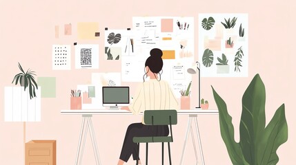 An illustration of a woman standing in front of a desk in a minimalist home setting.