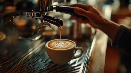 Close-up of a barista making a latte with a latte art design, the coffee pours from the portafilter into the cup.