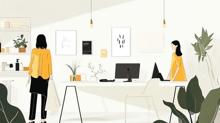An illustration of a woman standing in front of a desk in a minimalist home setting.