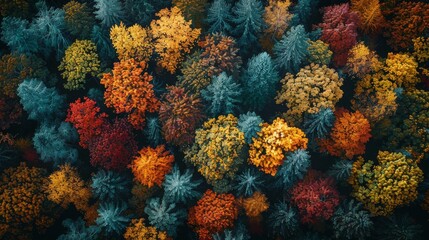 Obraz premium Aerial view of an autumn forest showcasing colorful trees with vibrant hues of orange, red, yellow, green, and brown.