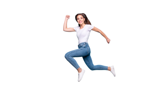 Full body photo of charming sporty lady running training jogging wearing white t-shirt denim jeans isolated over blue background