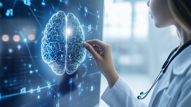 A closeup of young doctor with a stethoscope touching the brain image modal on touchscreen at blurred background. The mental health concept.