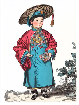 Chinese traditional child costume vintage engraved illustration