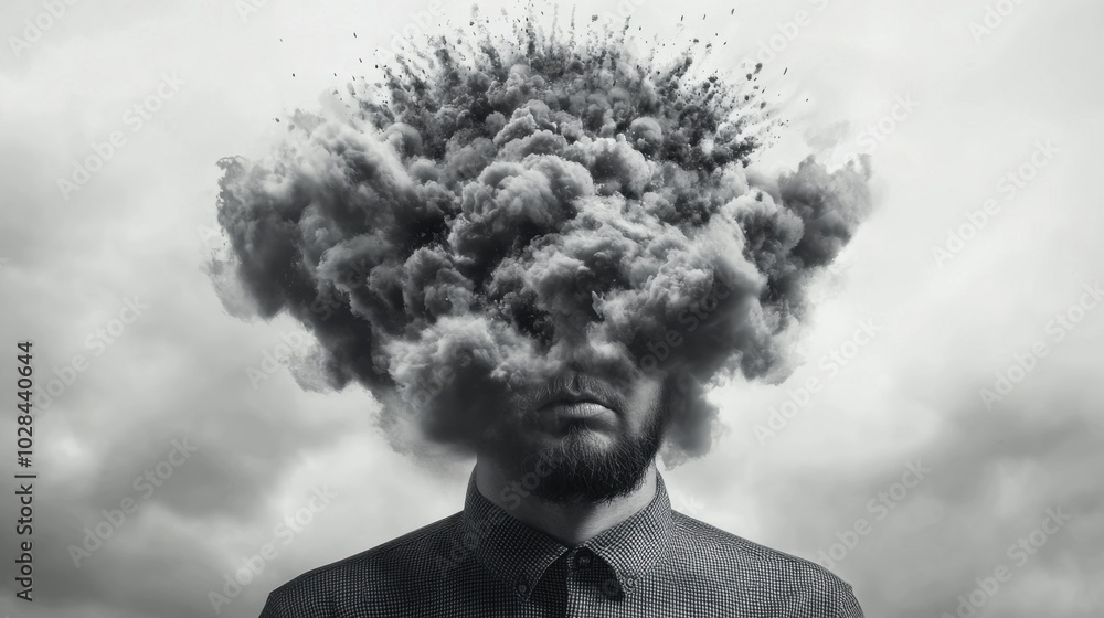 Poster stress of overthinking: a person with their head exploding into fragments of tangled lines and dark 