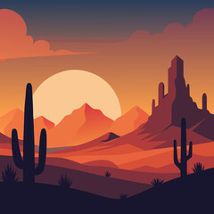 A rugged desert landscape with towering cacti and a dramatic sunset