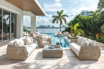 Elegant outdoor area with white wicker furniture, in-ground pool, tropical plants, palm trees, and vibrant Miami cityscape.