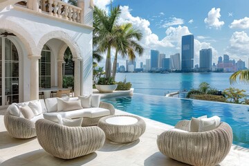 Obraz premium Elegant outdoor area with white wicker furniture, in-ground pool, tropical plants, palm trees, and vibrant Miami cityscape.