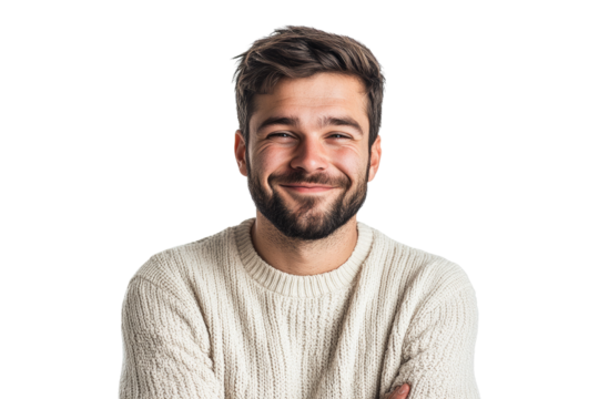 Portrait of a man winking and smiling in a light sweater on a transparent background