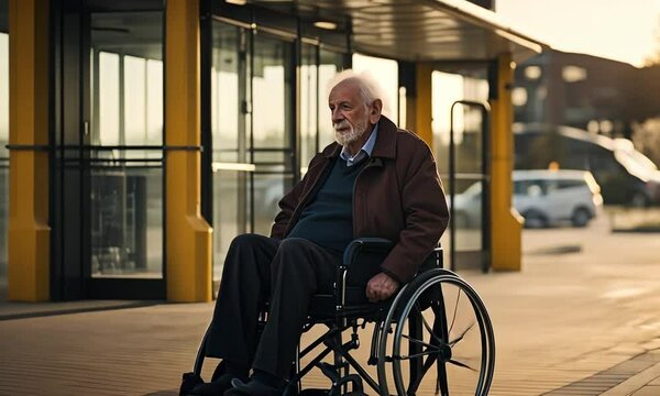 Senior man in a wheelchair in the city.