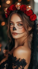 A woman showcases intricate Day of the Dead makeup with a sugar skull design and a floral crown adorned with roses and skulls, embodying festive spirit and cultural heritage