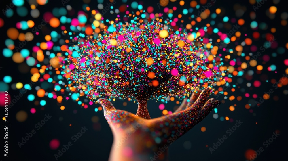 Poster sum of small efforts: a mosaic of tiny glowing shapes forming a large, vibrant tree of success, each