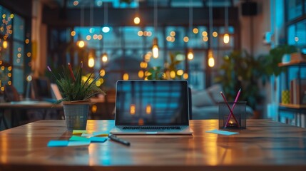 Open laptop on an office desk surrounded by colorful sticky notes and pens, with a focused user experience designer working in a modern digital agency studio.