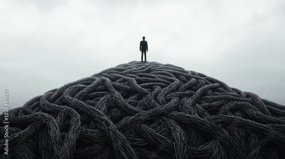 Poster tangled path: a long, winding path filled with knots and tangles, representing the complicated and d
