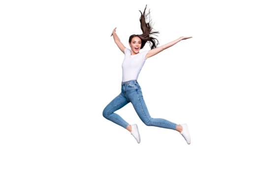 Full body photo of lovely girl raising hands arms jumping screaming isolated over blue background